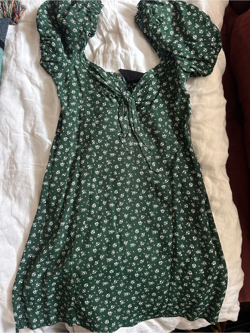 Blue Life Dark Green Floral Tie-Front Puff Sleeve Tunic